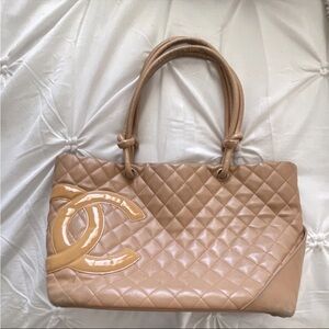 Vintage Y2K Chanel Cambon Ligne Tote Beige Quilted Leather CC Logo Shoulder Bag
